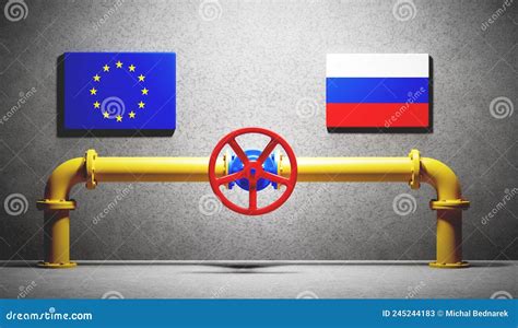 Russian Gas Transmission Valve On Pipeline Against Flag Of Russia