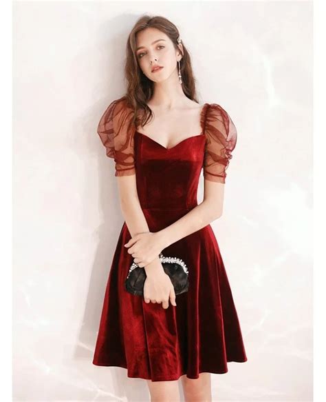 Simple A Line Short Velvet Burgundy Dress With Sleeves Htx88033