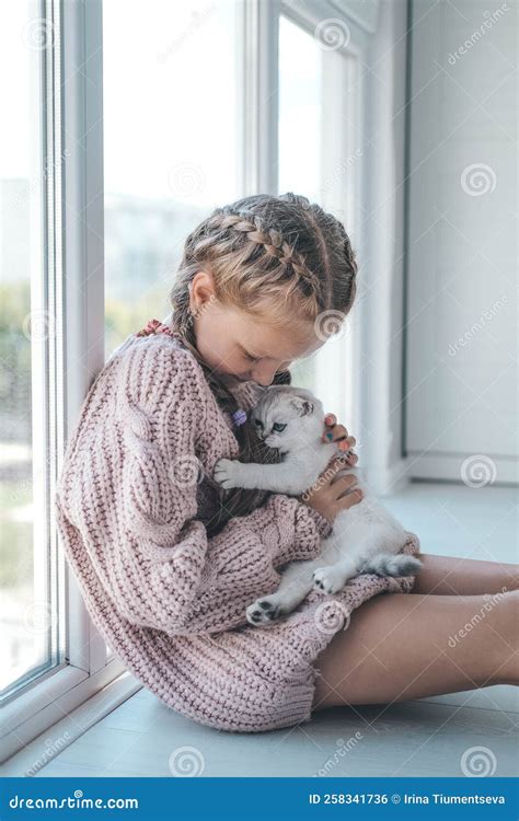 穿着针织毛衣的可爱小女孩将小猫抱在怀里 库存照片 图片 包括有 自治权 迷住 国内 头发 敬慕 258341736