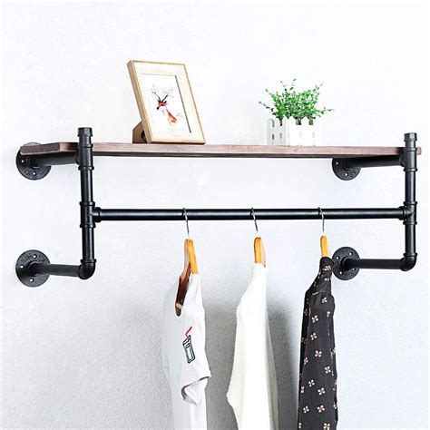 Buy Industrial Pipe Clothing Rack Wall Mounted With Real Wood Shelf