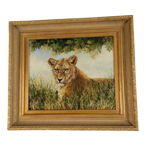 Vintage Lioness Oil Painting on Canvas | Chairish