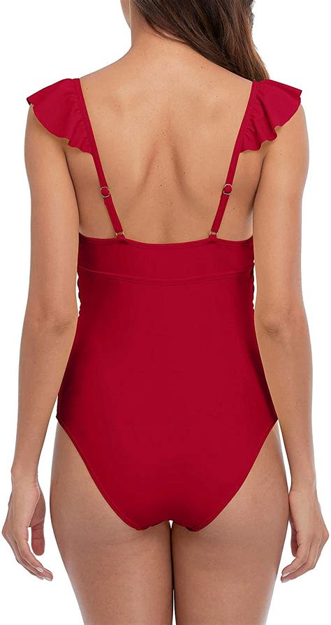 Womens Ruffle One Piece Swimsuit V Neck Bathing Suits Ladies Sexy