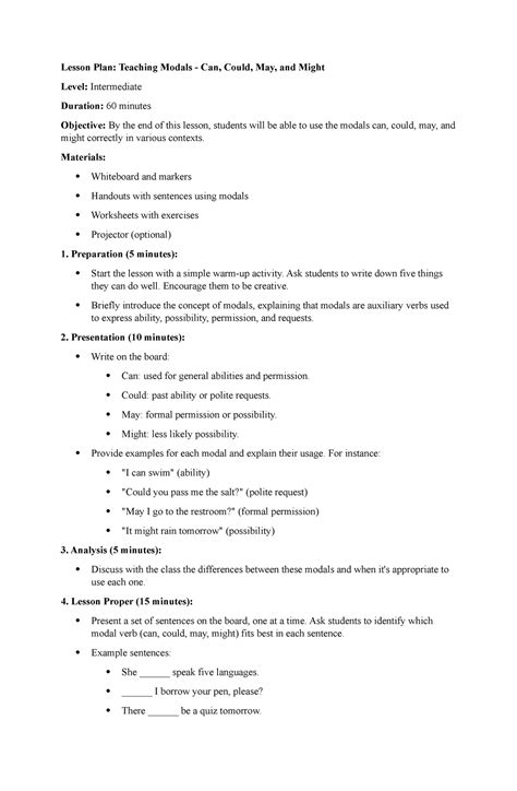 1 Lesson Plan On Modals Can Could May And Might Lesson Plan Teaching Modals Can Could