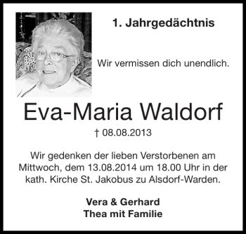 Traueranzeigen Von Eva Maria Waldorf Aachen Gedenkt