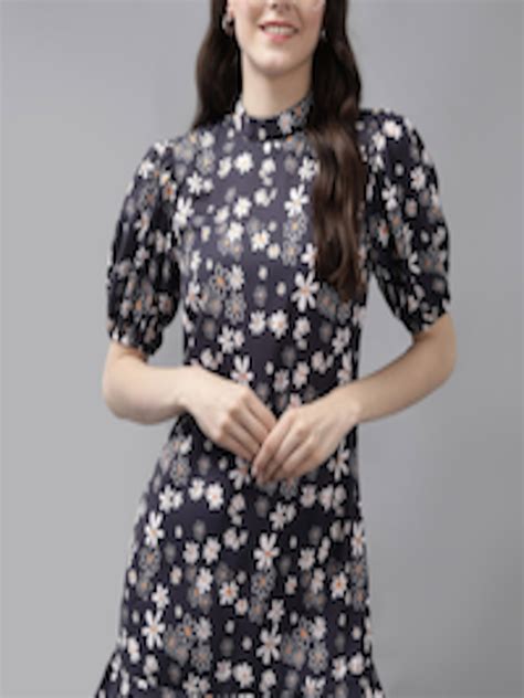 Buy Mast And Harbour Navy Blue Floral Printed Puff Sleeve Gathered Tiered