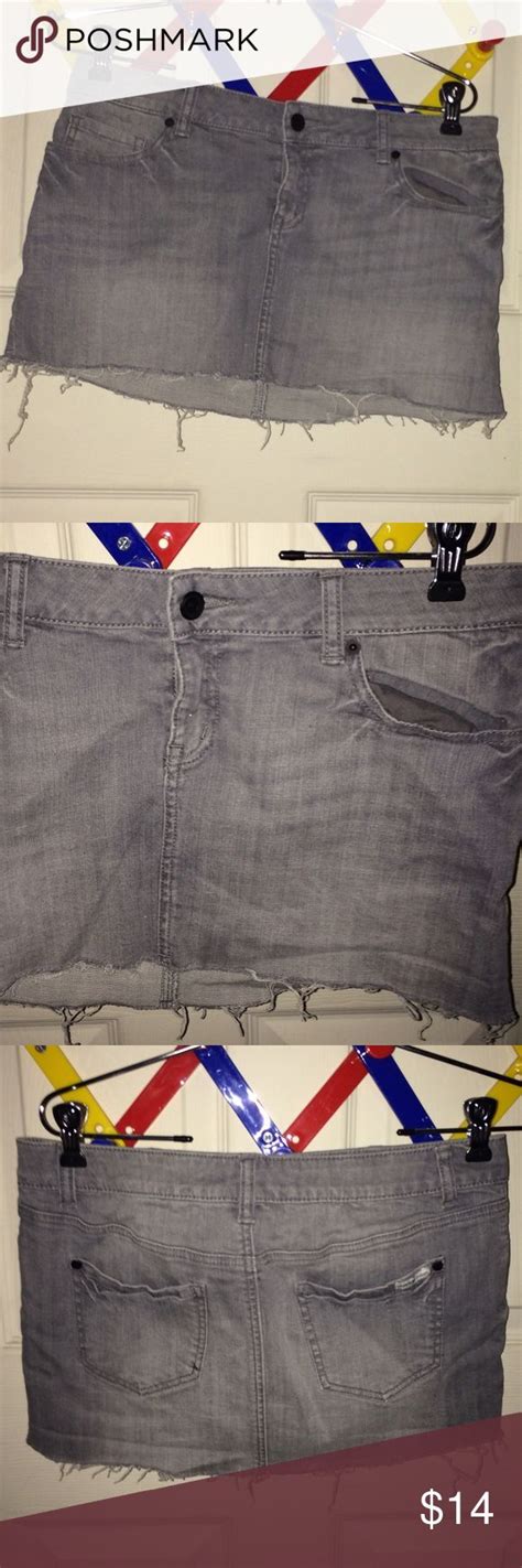 Classic 90s Grey Jean Skirt Short Frayed Stretchy Jean Skirt