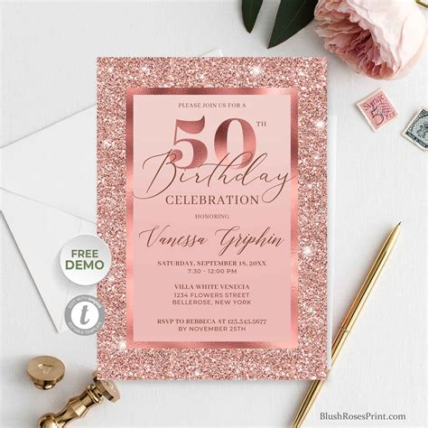 50th Birthday Invitation Rose Gold Editable Fifty Birthday