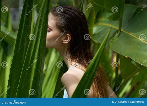 Pretty Woman Naked Shoulders Green Leaves Jungle Exotic Stock Image