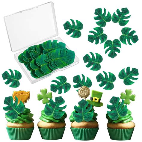 48 Pcs Tropical Turtle Leaf Cake Toppers Cupcake Toppers Palm Leaf Cake