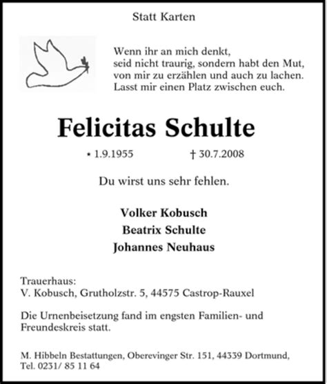 Traueranzeigen Von Felicitas Schulte Trauer In NRW De