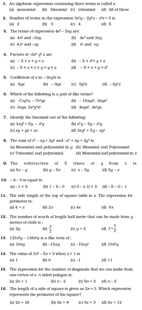 Algebraic Expressions Questions And Answers