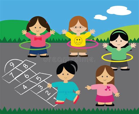 Girls Playing Hopscotch And Hula Hoops Stock Illustration