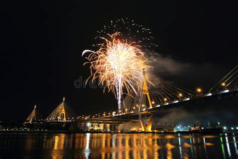 Bhumibol Bridge and Fireworks on Around Editorial Photo - Image of ...