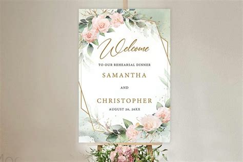 Boho Blush Roses Eucalyptus Gold Rehearsal Dinner Sign 054