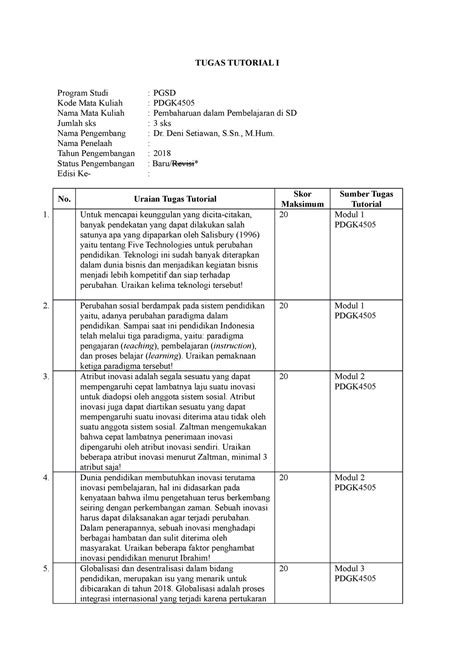 Tugas Tutorial I TUGAS TUTORIAL I Program Studi PGSD Kode Mata