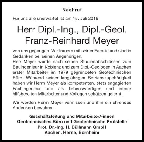 Traueranzeigen Von Dipl Ing Dipl Geol Franz Reinhard Meyer Aachen