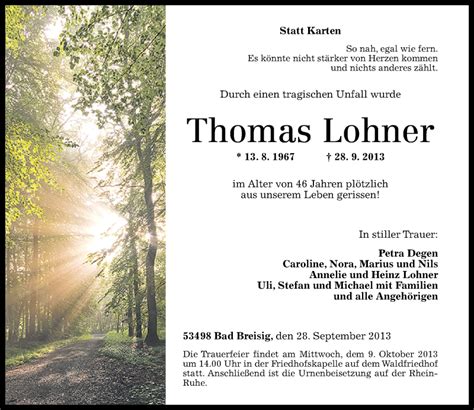 Traueranzeigen Von Thomas Lohner Rz Trauer De