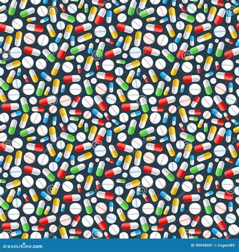 Colourful Pills On Dark Background Seamless Pattern Stock Vector