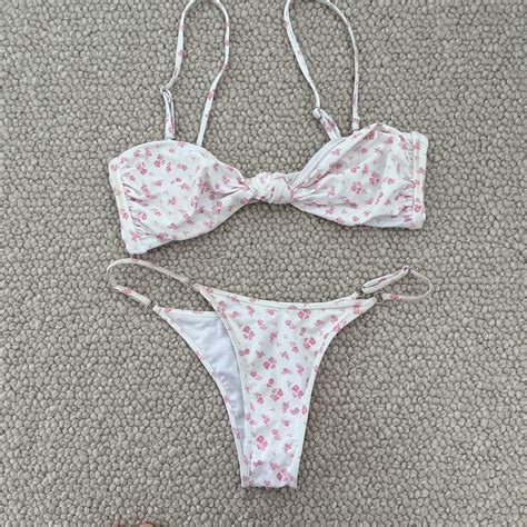 Glassons White And Pink Floral Bikini Top Has Depop