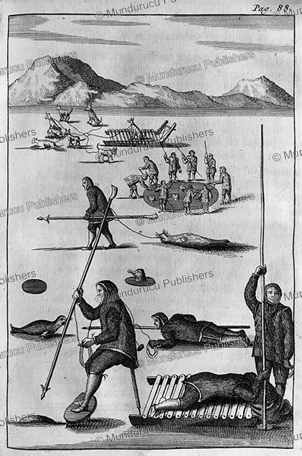 Inuit hunting seals with harpoons on Greenland, Hans Egede, 1741 ...