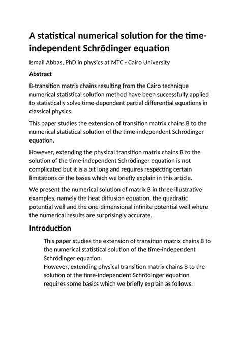 Pdf A Statistical Numerical Solution For The Time Independent Schrödinger Equation