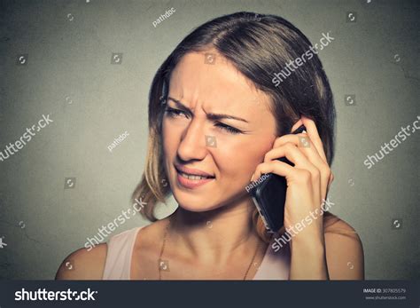 Portrait Upset Sad Annoyed Unhappy Woman Talking On Cell Phone