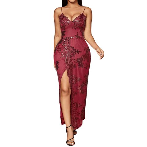 Xiaquj Womens Sexy Suspender Slim Sequin Dress Evening Gown Long Dresses For Women 2024 Red M