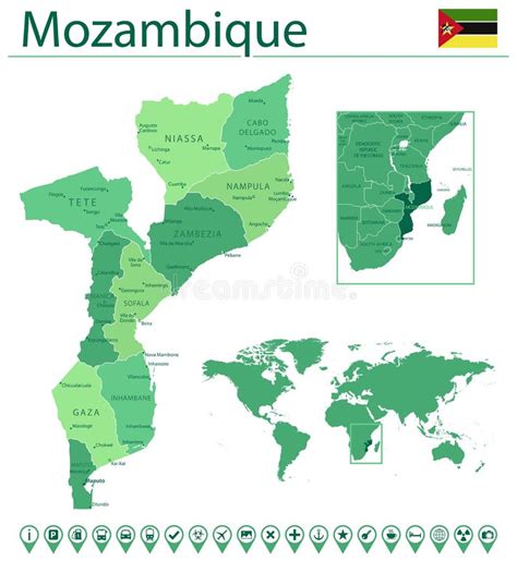 Mozambique Detallado Mapa Y Bandera Mozambique En El Mapa Del Mundo