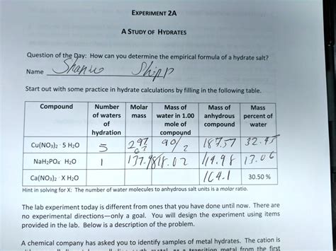 Solved Experiment A Study Of Hydrates Question Of The Day How Can