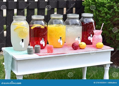 Lemonade Stand With A Variety Of Flavored Lemonades Including Cherry