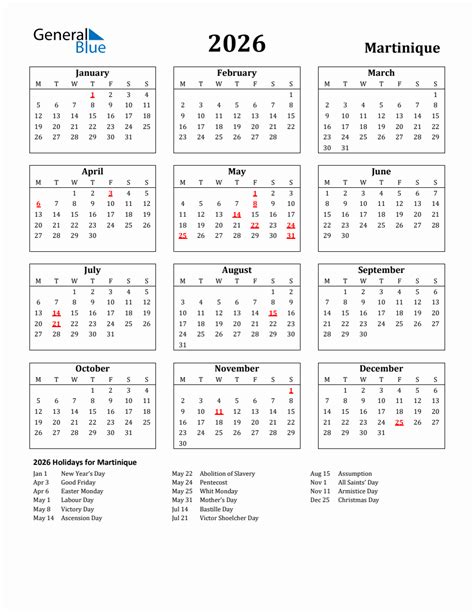 Free Printable Martinique Holiday Calendar