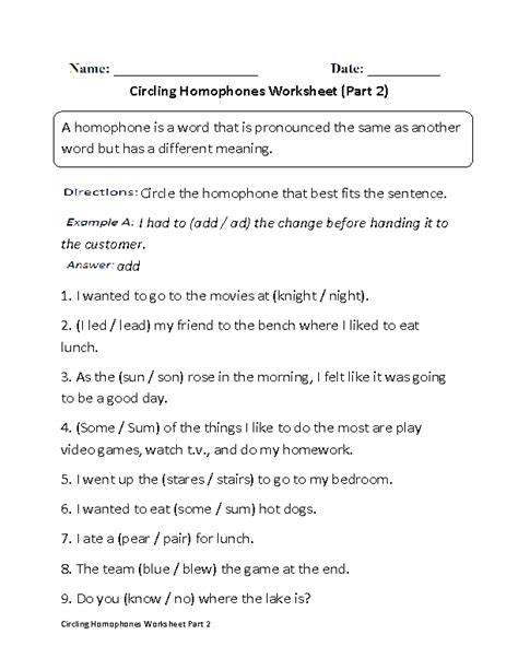 Homophones Worksheets Circling Homophones Worksheet Part 2