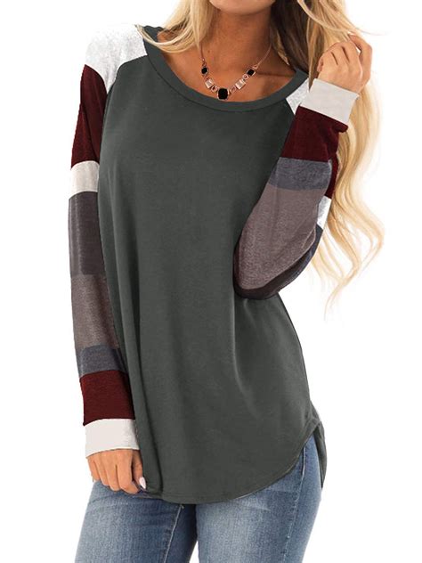 Womens Autumn Winter Colorblock Long Sleeve Tunic Tops Ladies Casual Loose Blouse Pullover T ...