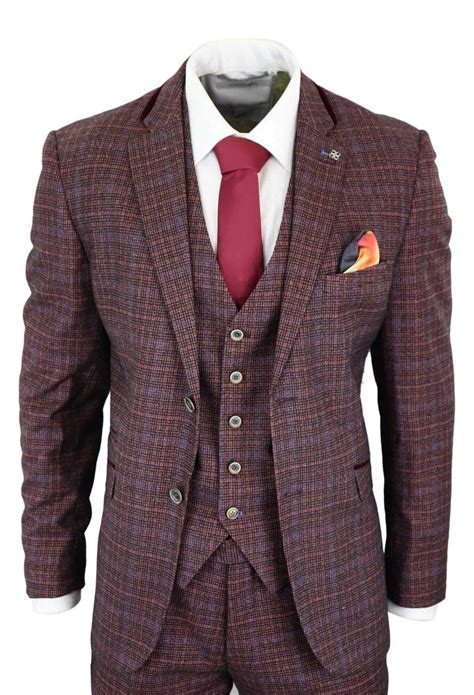 Cavani Carly Mens 3 Piece Tweed Check Burgundy Suit Buy Online