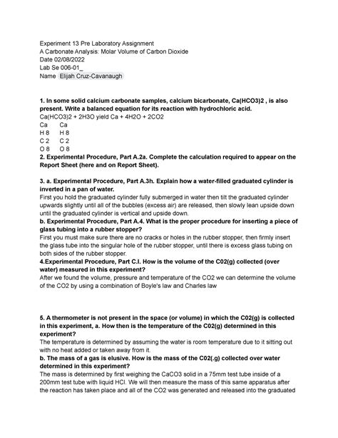 Chemistry Lab Experiment 13 Experiment 13 Pre Laboratory Assignment A