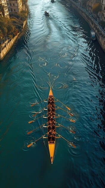 Premium Photo | An octuple racing shell boat team is seen rowing above