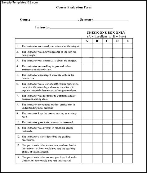 Course Evaluation Sheet Templates