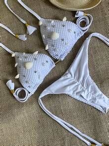 Women S Fishnet Bikini Set With Silver And White Seashells New Year S