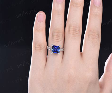 Princess Cut Sapphire Ring Vintage Sapphire Engagement Ring Set White