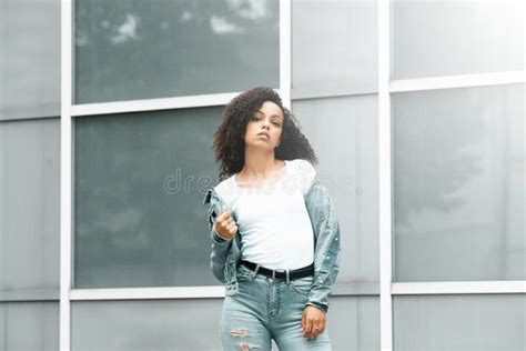 Mulatto Black Curly Girl On Street Stock Image Image Of Jeans Model 194024209