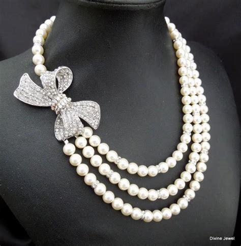 Pearl Necklace,Bridal Rhinestone Necklace,Ivory Or White Pearls,Bow ...