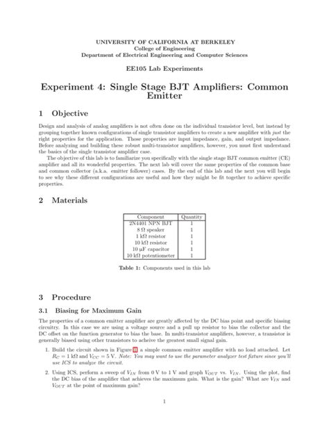 Experiment 4 Single Stage Bjt Amplifiers Common Emitter