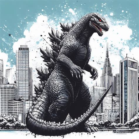 Illustrazione Del Mostro Giapponese Godzilla In Una Citt In Bianco E