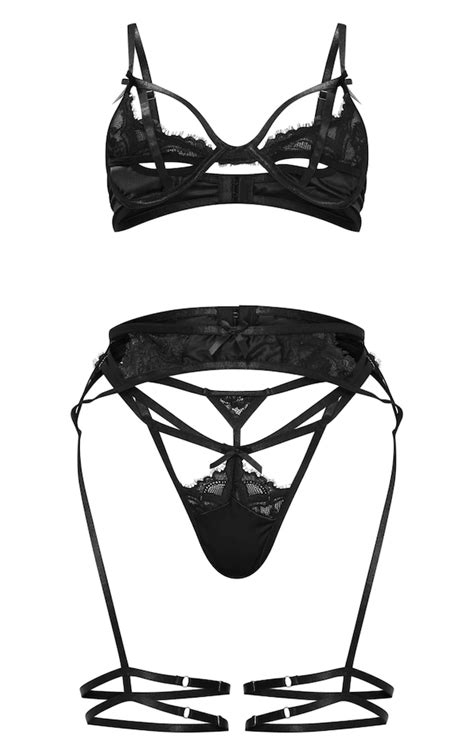 Black Lace Detail Mesh 3 Piece Lingerie Set Lingerie And Nightwear