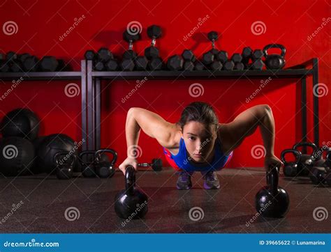 Kettlebells Push-up Woman Strength Gym Workout Stock Photo - Image of ...