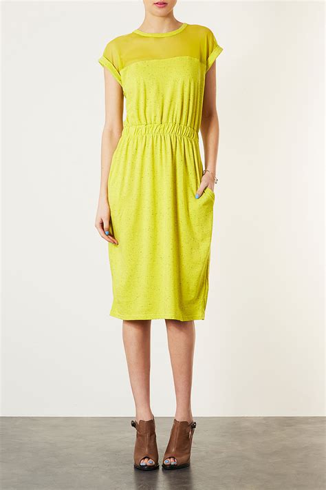 TOPSHOP Mesh Yoke Elastic Waist Dress in Yellow - Lyst