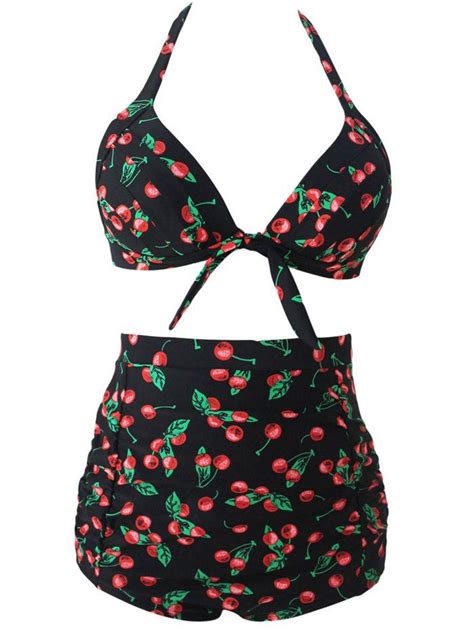 Off Stylish Cherry Print High Waist Halter Bikini Set Rosegal