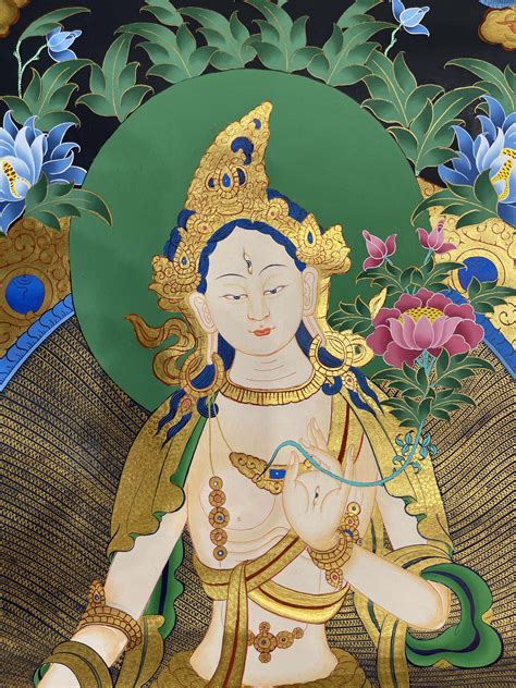 Buddhist Hand Painted Thangka Of White Tara Real Gold Lamas Art