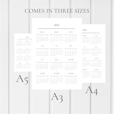 2023 Year At A Glance Printable Minimalist Calendar Digital Download