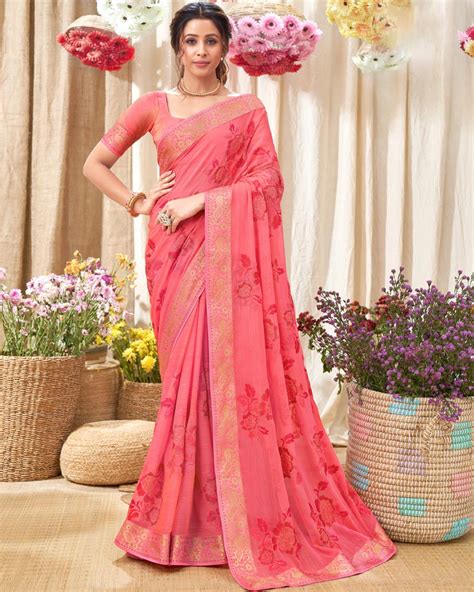 Vishal Prints Pink Chiffon Saree With Embroidery Work And Fancy Border